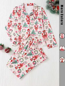 Women's Christmas Soldier Gift Pajama Set, Collared Button Long Sleeve & Loose Comfortable Pants, Fashionable All Season Sleepwear