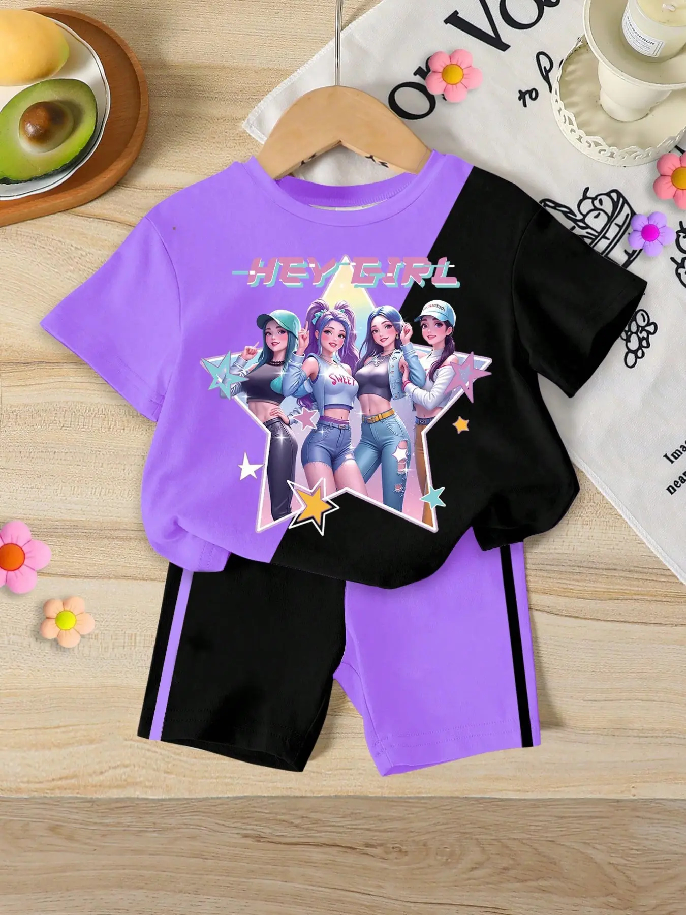 Sweet Cool Girl K-Pop Style Digital Print Set, Summer Kids Casual, 2pcs T-Shirt & Bike Shorts, Comfortable Elastic Waist, Ages 4-12