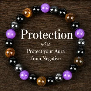 1pc Natural Tiger Eye & Amethyst Beaded Bracelet, Elastic Protection Crystal Bracelet For Men And Women, Unscented Solid Jewelry Gift Amethystcrystal