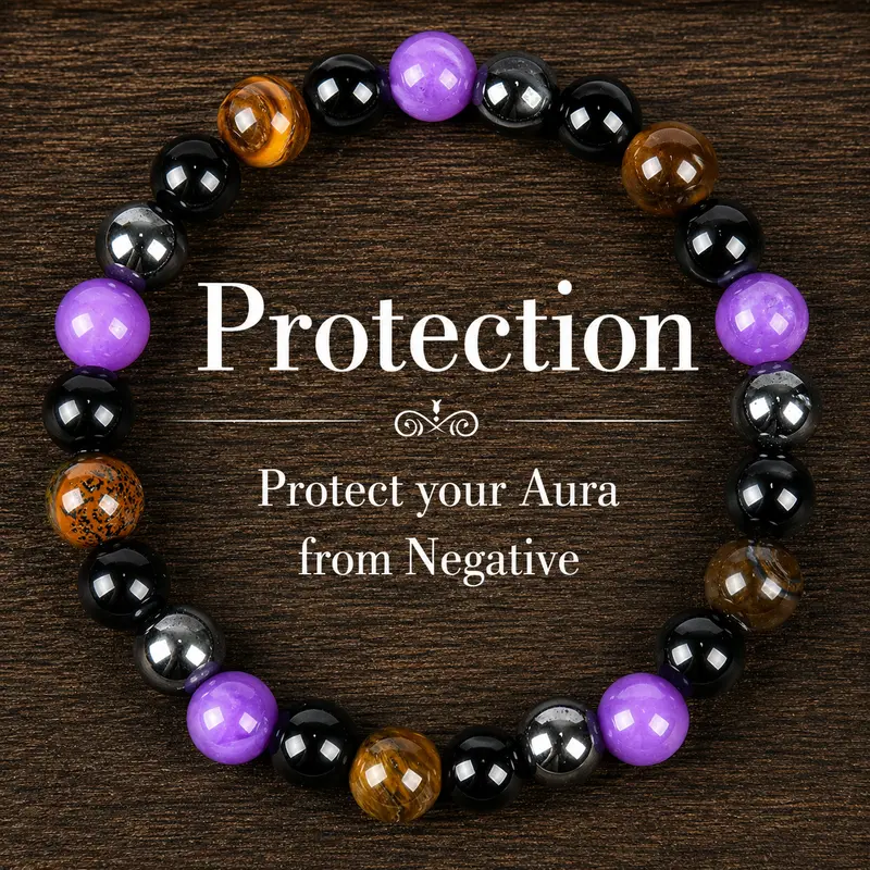 1pc Natural Tiger Eye & Amethyst Beaded Bracelet, Elastic Protection Crystal Bracelet For Men And Women, Unscented Solid Jewelry Gift Amethyst crystal summerwins