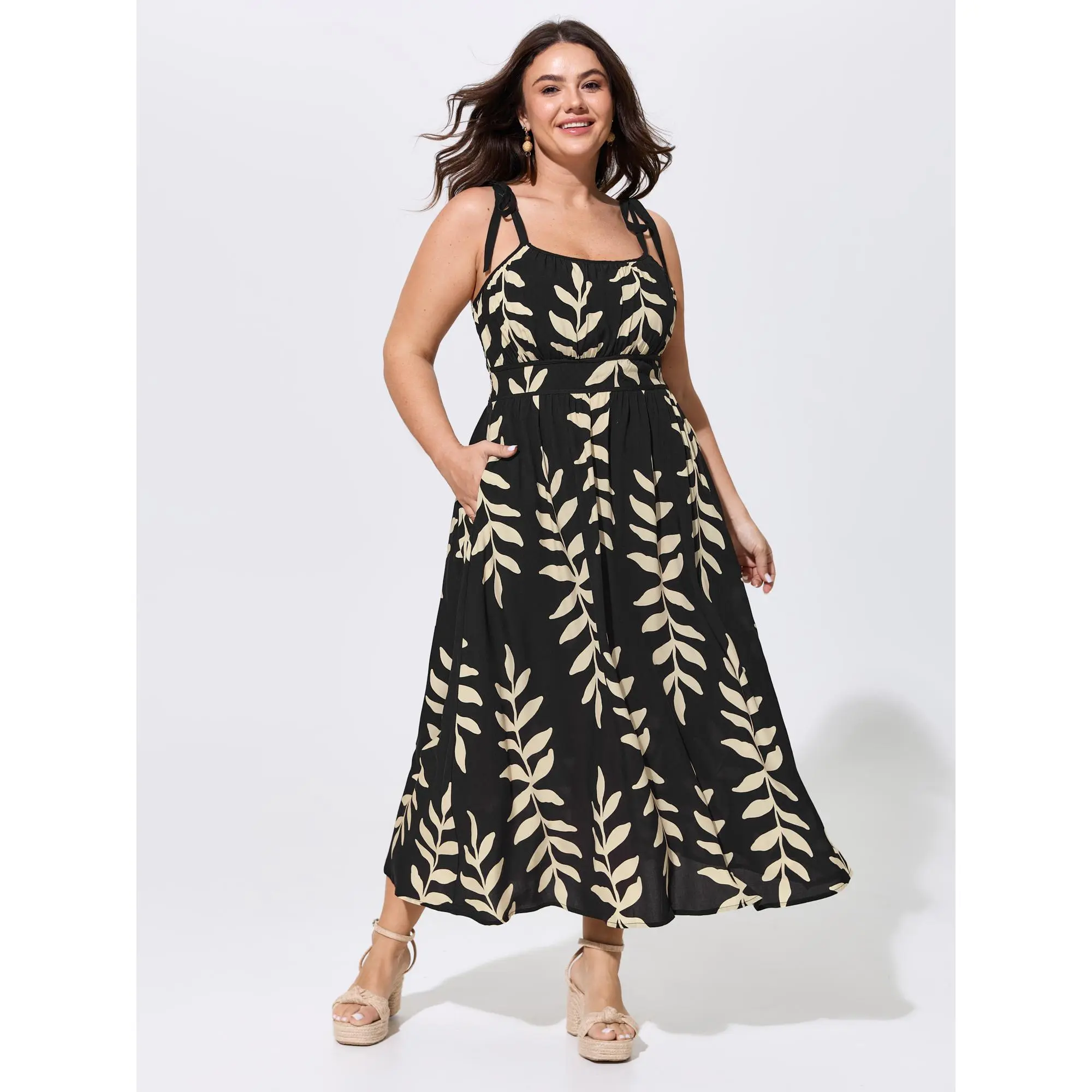 BloomChic Women's Plus Size Leaf Print Rayon Maxi Dress, Casual Resort Style with a Smocked Bodice and Adjustable Tie Pocket, Garment, Fabric, Fit, Plus Size Clothes, Resort Wear, Sleeveless, Cold Wash, 14-16/1X, Smooth, Low Iron, 100% Rayon