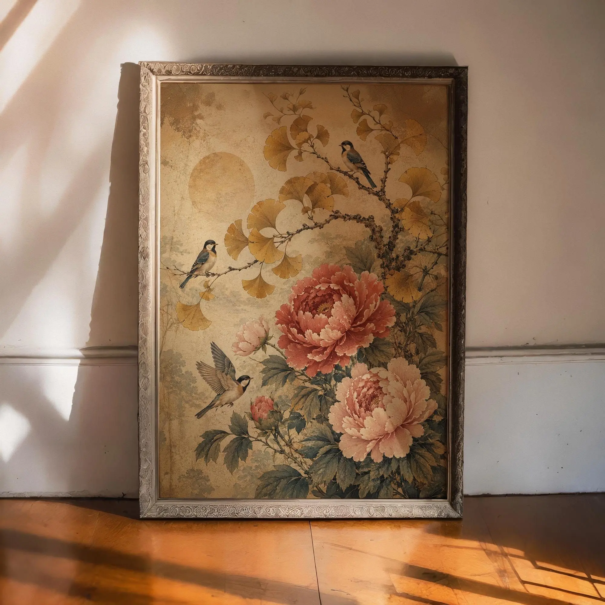 [SALE UP TO 40%] [Unframed] Japanese Peony Wall Art, Ginkgo Birds Botanical Poster, Antique Floral Print