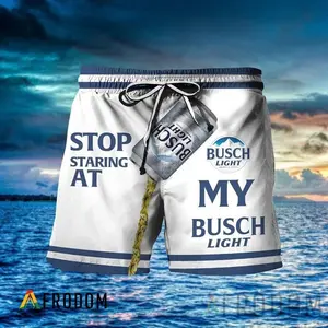 Stop Staring At My Busch Funny Beach Shorts Men Women White Blue Beer Can Print Swim Trunks Summer Party Festival Casual Streetwear Loose Comfortable