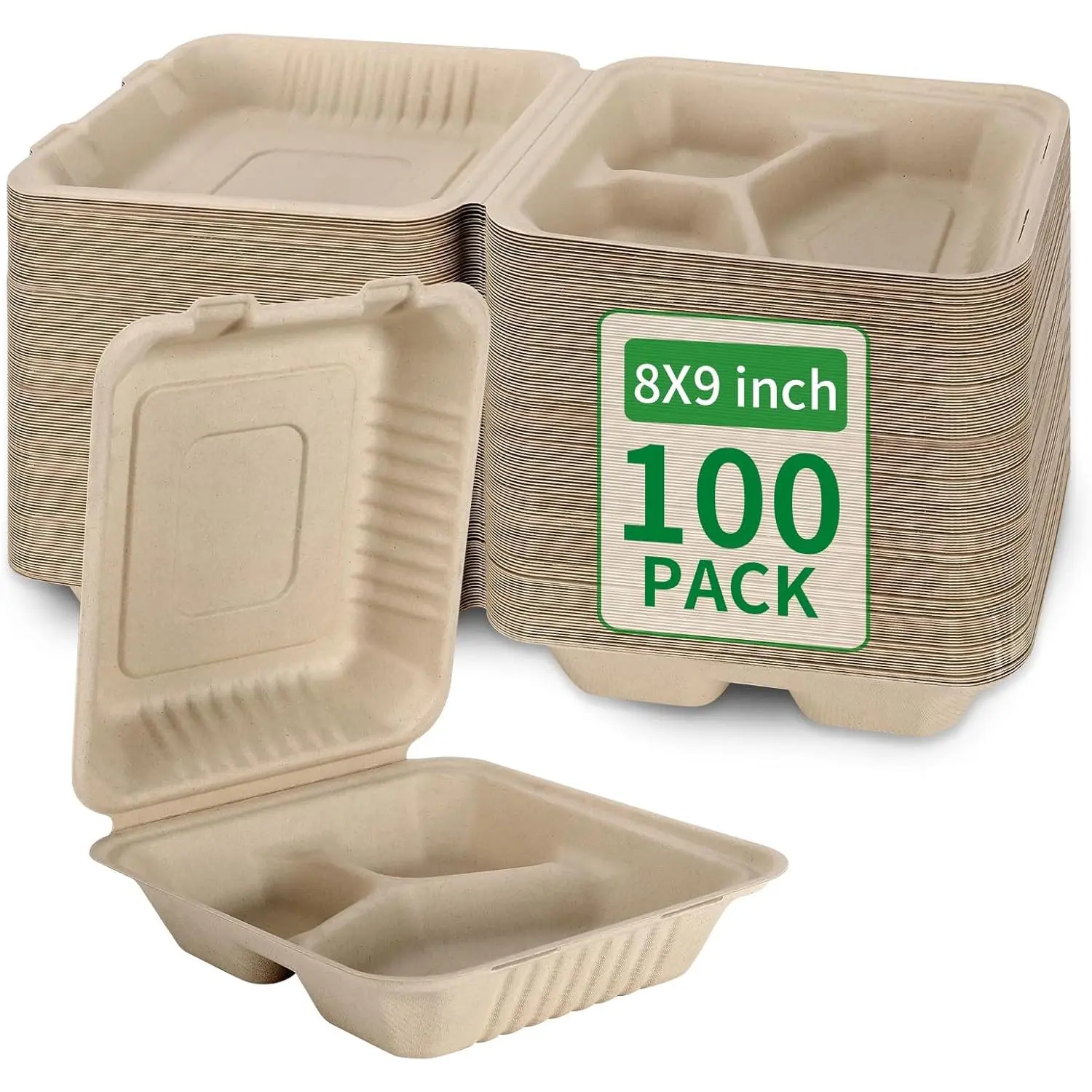 100-Piece Sugar Cane Takeout Box Set, 3-Compartment 8x9in Flip Top Leak-Proof Disposable PFAS-Free Brown Eco-Friendly Food Storage Containers with Lids for Takeout