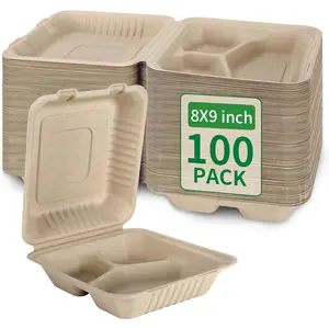 100-piece set, 3-compartment biodegradable 8x9inch takeout lunch box, with lid for food takeout, disposable eco-friendly biodegradable sugarcane material, PFAS-free, brown