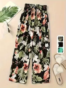 Plus Size Floral Print Wide Leg Pants, Waist Drawstring Fit Casual Trousers, Comfortable and Stylish Women's Clothing, Casual Chic Trousers
