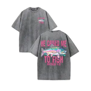 Retro Washed T-Shirt Double Sided Printed (230 Pure Cotton T-Shirt) 'HE CALLED ME TO FISH'  Letter And FISH Pattern Print, Mens TShirt, Mens Shirt Casual, Comfortable, Fashionable T-Shirt, Street Style Cotton