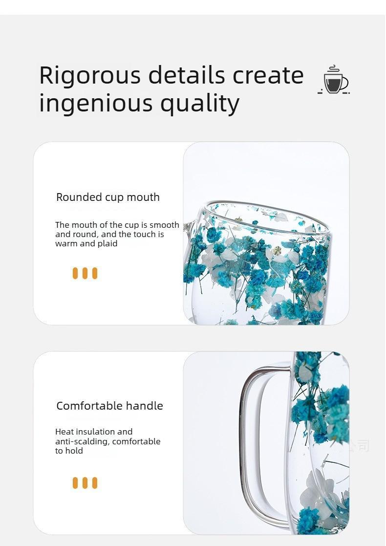 Double Glass Flower Tea Cup, 250ml Double Wall Glass Coffee Cup, Insulated Transparent Cup with Dried Flowers, Heat Resistant Drinkware Tumbler, New Year Gift.The top choice for Mothers Day Gift