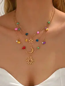 Boho Multi-Layer Sun Pendant Necklace, Colorful Stone Star Moon Element, Women's Jewelry, Daily Wear Fashion Accessory