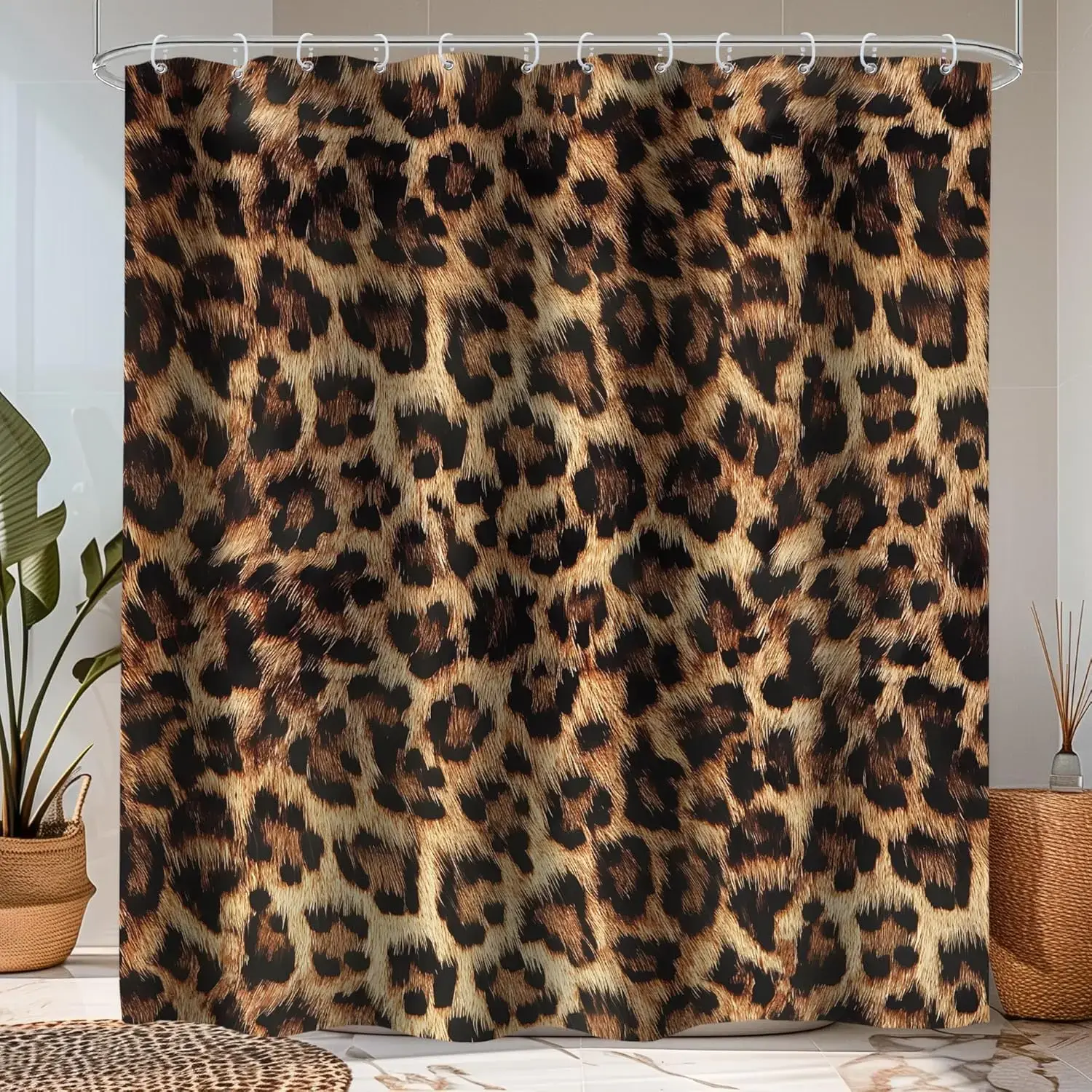 Leopard Print Shower Curtain (1/4pcs, 72Wx72H in) - Wild Safari Skin Pattern Cheetah Panthera Black Brown Fur Wildlife Design, Waterproof Bathroom Home Decor Accessory with 12 Plastic Hanging Hooks, Metal-Free Cover Alternative