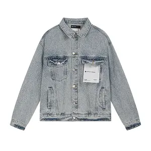 Oversized Vintage Washed Denim Jacket with Rhinestone & Paint Splatter| Y2K Gothic Graphic Streetwear Coat| Unisex Edgy Layering Top for Men Women Summer Festival OOTD