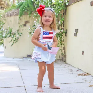 Flag Applique Light Blue Stripe Leah Bubble - Girls Patriotic Knit Outfit