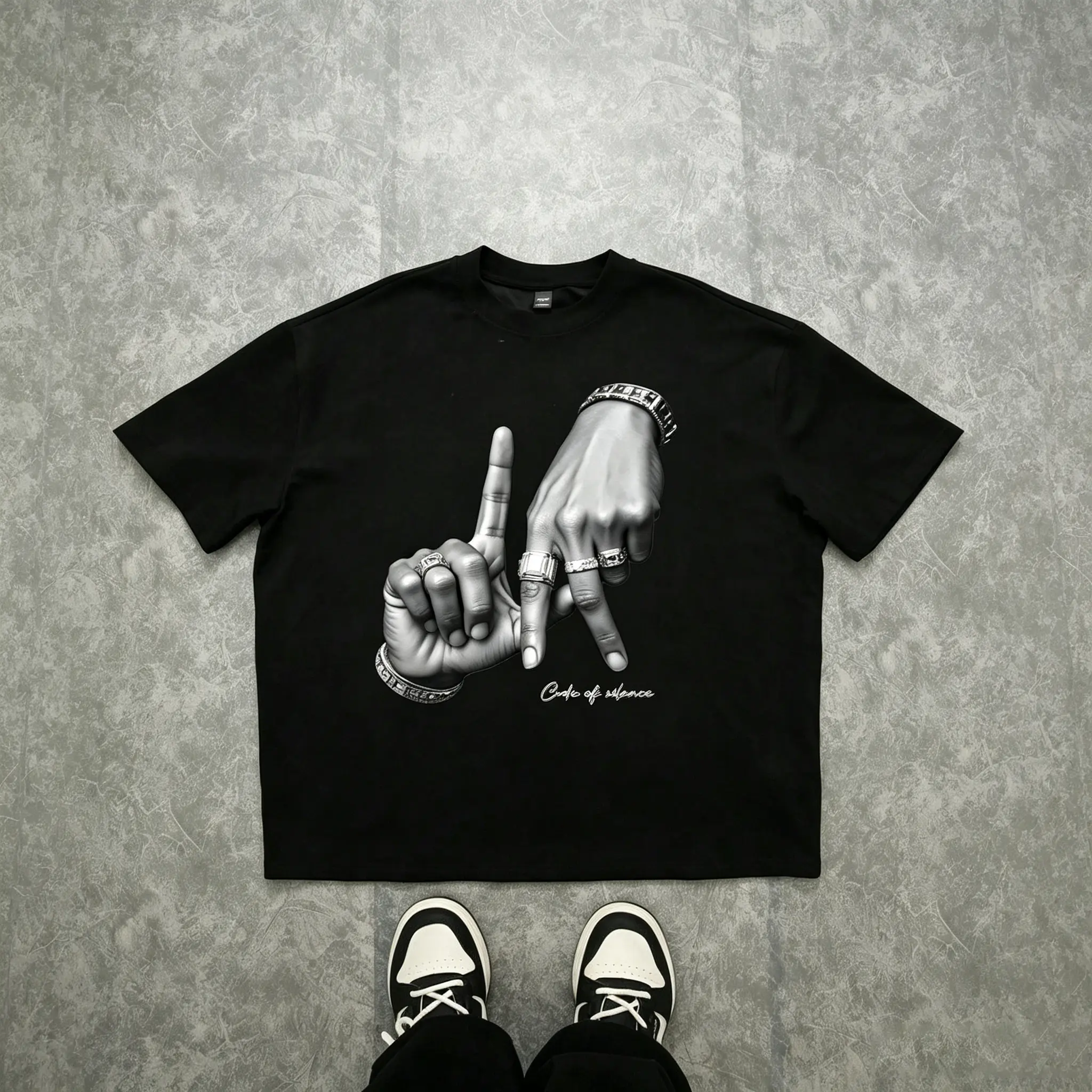 Vintage ’90s old school hip hop hand gesture diamond ring bracelet graphic T-shirt "Code of Silence" print, 100% premium cotton, soft and breathable, casual streetwear short-sleeve tee for men/women/unisex, black/white Menswear Fashion Crewneck