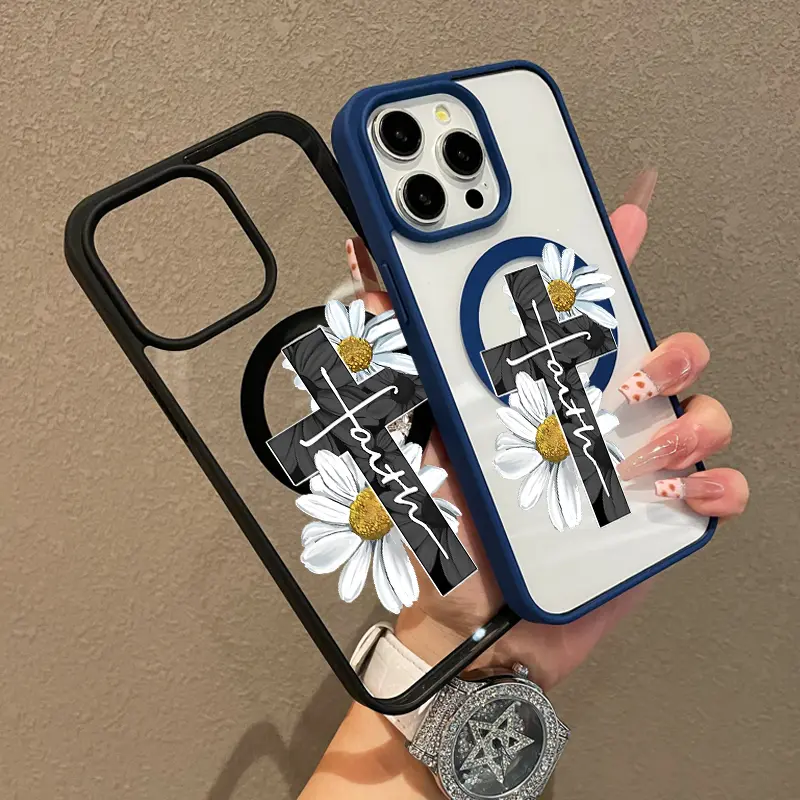 Premium Magnetic Magsafe-Ready Smartphone Case for iPhone 11/12/13/14/15/16/17 Pro Max, Daisy Cross Design, Anti-Fall Protection, Ultra-Thin Shockproof Cover for Handheld Cellphone Devices, Everyday Use, Casing