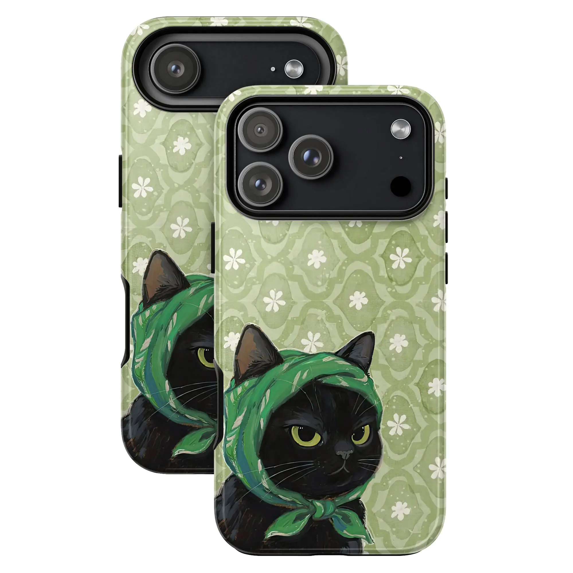 Vintage Cute Cat Slim Smartphone Case - Aesthetic Scarf & Floral Design, Shockproof Waterproof Polycarbonate Shell, Durable Handheld Protection Casing for iPhone 17 & SS Devices, Mobile Phone Accessories, Cellphone