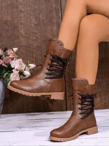 Women's Rivet Decorated Boots Fall & Winter New British Style Lace-Up Mid-Calf Vintage Chunky Heel Slimming Motorcycle Boots