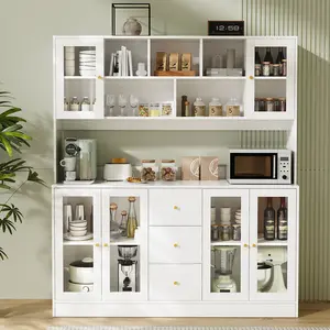 Freestanding White Kitchen Hutch with 6 Glass Door, 3 Drawers & Microwave Shelf, Freestanding Floor Pantry Cabinet