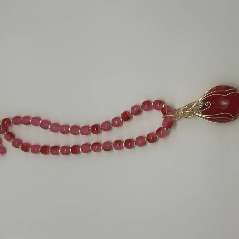 18 Inch Pink Agate Slice Necklace | Handmade Gold Wire Wrapped Geode Pendant