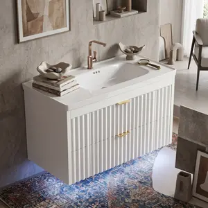 24 Inch Floating Bathroom Vanity with Sink & LED Light, Wave Line Design, 2 Soft-Close Drawers, Wall Mounted Cabinet, Space-Saving for Small Spaces, Available in White/Black