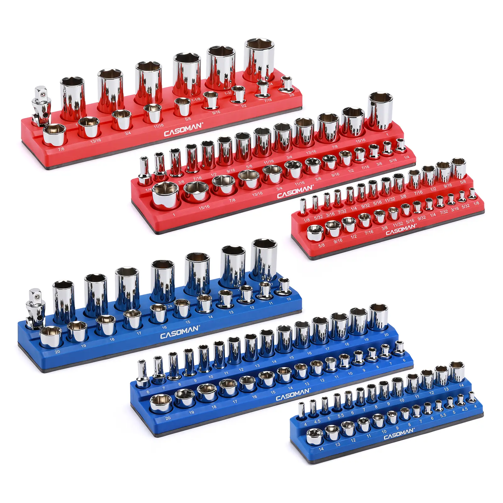 CASOMAN Magnetic Socket Organizer, 6 Piece Socket Holder Kit, 1/2-inch, 3/8-inch, 1/4-inch Drive, Holds 143 SAE&Metric Sockets, Red & Blue, Profession