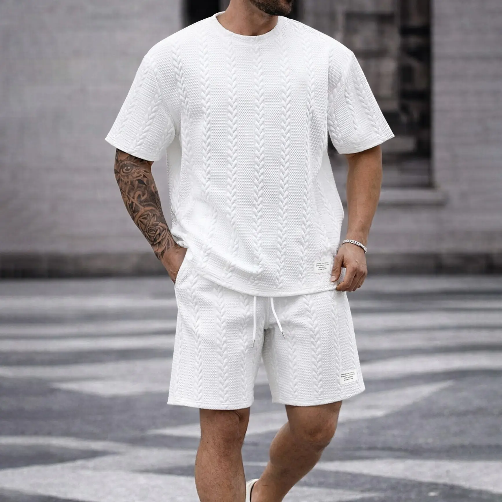 Men's Geometric Letter Graphic Textured Fabric Drawstring Waist Shorts Set 2 Counts, Short Sleeve T-Shirt & Pocket Track Shorts, Casual Fashion Cozy Men Two-Piece Outfits For Spring & Fall