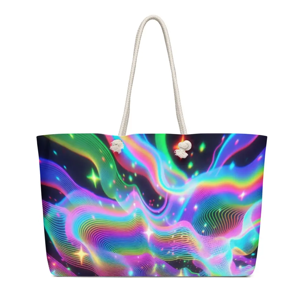 Holographic Aurora Galaxy Tote Bag, Rainbow Neon Wave Print Weekender Bag, Iridescent Space Print Beach Bag, Large Canvas Rope Handle Tote, Trendy Oversized Shoulder Bag, Vacation Pool Bag, Gift for Her