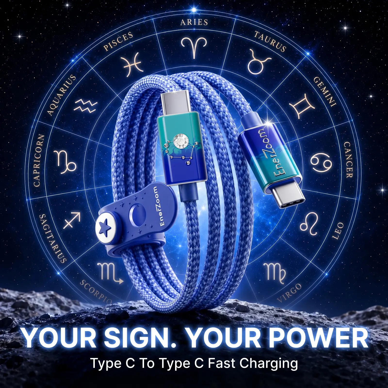 Enerzoom Zodiac Collectible Charging Cable, 240W PD 3.1 Fast Charging USB C to USB C Cable with 3D Zodiac Charm, Mystery Stickers, E-Marker Chip, Cute Desk Setup Accessory, Astrology Gift for Zodiac Lovers, Women, chargers usb-c data fast usb c