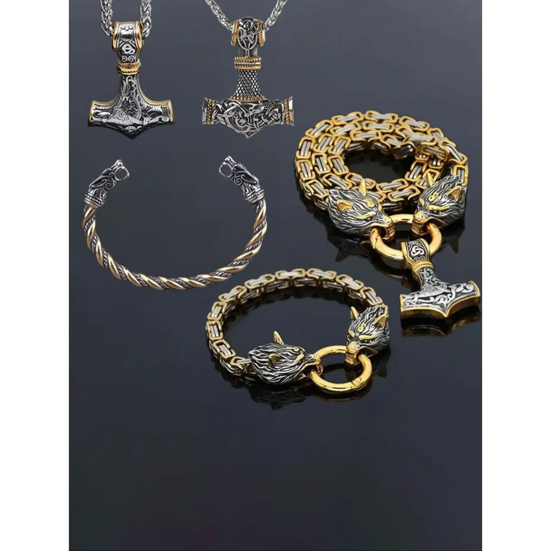 Vintage Viking Wolf Head Necklace Bracelet Set, Punk Gothic Style, Fashion Jewelry for Women & Men, Party Accessories, Gift Ideas, Couple Jewelry Set