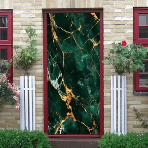 2pcs Luxury Emerald Green Marble Wall Stickers Self Adhesive Waterproof PVC Decorative Stickers for Living Room Bedroom Door Frame Renovation Golden Crackle Art Background Wall Decals Removable Eco Frie
