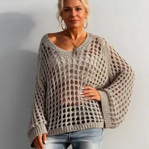 Women’s casual loose V-neck top, hollowed-out design, polyester knit fabric, hand washable, suitable for beachwear year-round GARMENTARY