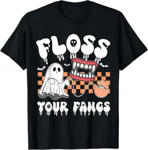 100% Cotton Retro Funny Teeth Floss Your Fangs Dentist Spooky Halloween T-Shirt