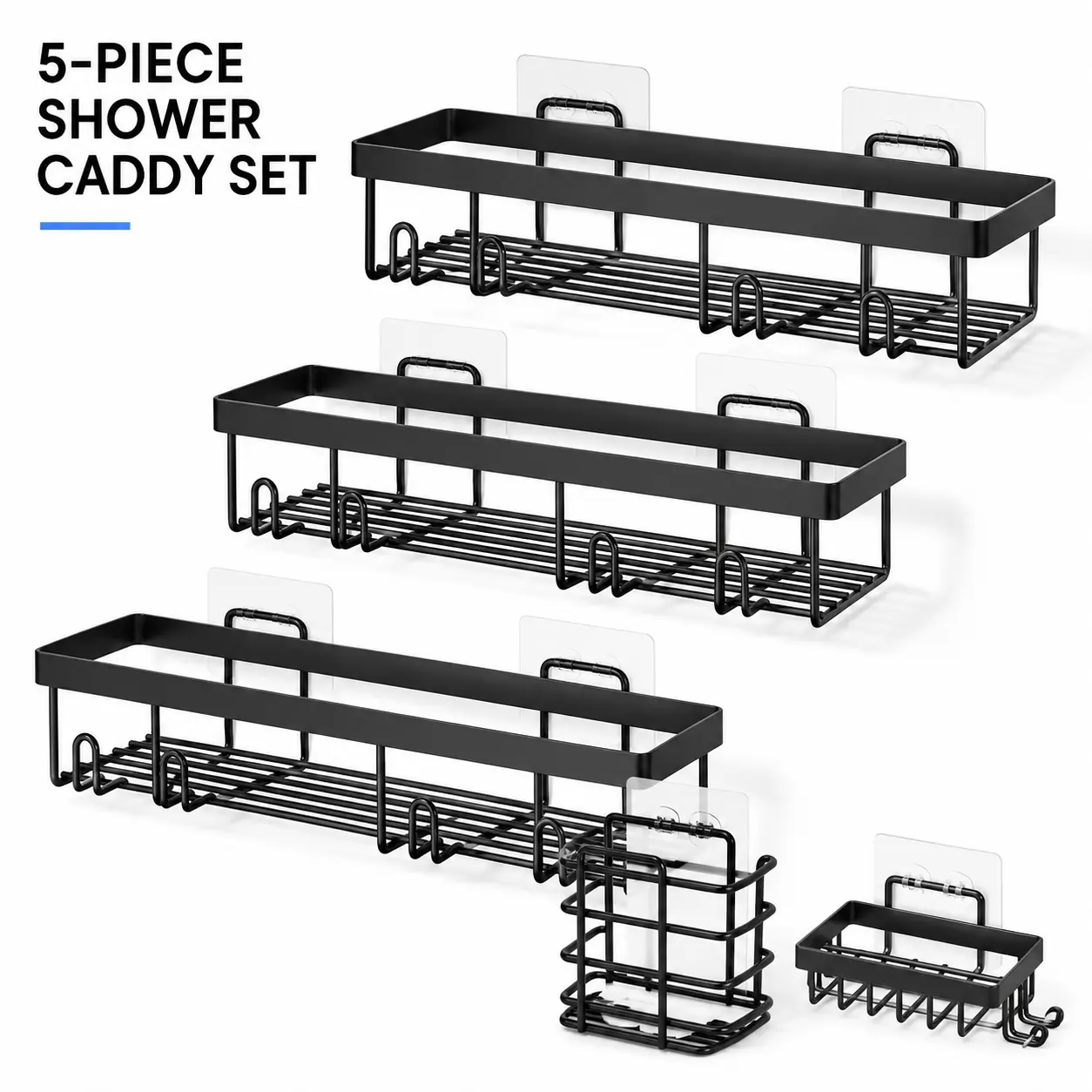 5-Pack Metal Rectangle Shower Organizer - No-Drilling Adhesive Rustproof Stainless Steel Bathroom Corner Caddy Set with 3 Large Multi-Layer Shelves, Soap Holders, Toothbrush Holders, Hooks, Matte Black High-Capacity Spa Bathroom Utility Racks (B)