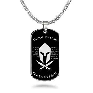 Armor of God Mens Dog Tag Necklace, Black Stainless Steel Dog Tag Necklace, Ephesians 6:11 Bible Verse Design SSN881
