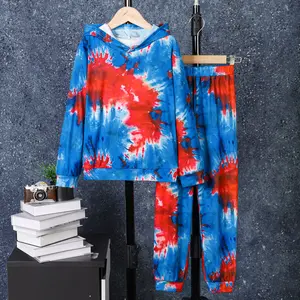 Tie Dye Hoodie & Jogger Set, 2-Piece Red & Blue Tie-Dye Tracksuit, Casual Long Sleeve Outfit Red & Blue Casual Tracksuit for Play & Everyday Wear