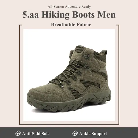 5.AA Men's High-Top Wide-Fit All-Seasons Outdoor Hiking Boots - Lightweight Breathable Fabric, Rugged Faux Leather, Rubber Sole, Anti-Skid All-Weather Grip, Zip Fastener - Ideal for Hiking, Camping