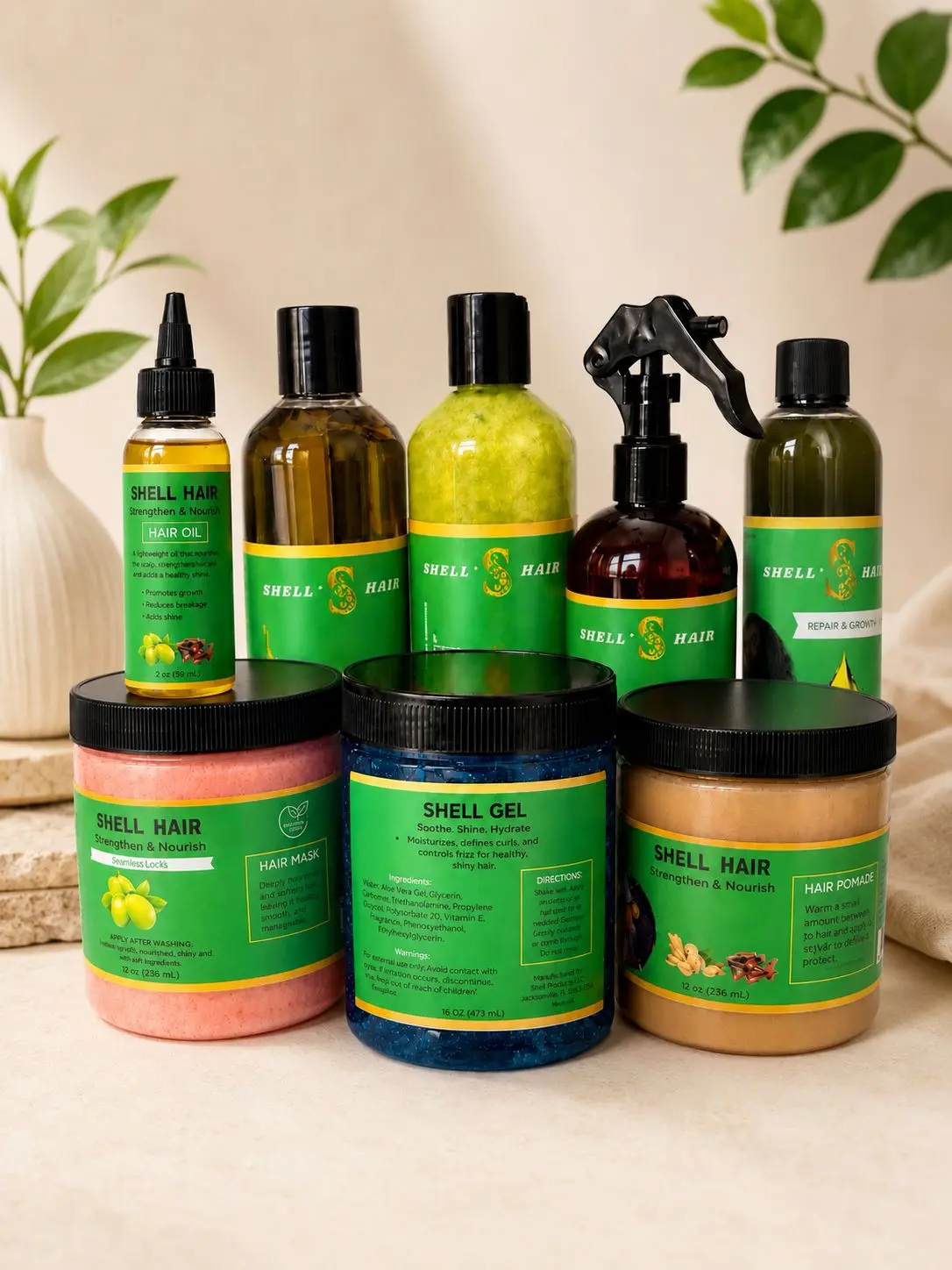 Shell Hair Big Set of 8_Oil, Pomade, Hair bouster, serum, Gel, Hair Cream, Shampoo and Conditioner