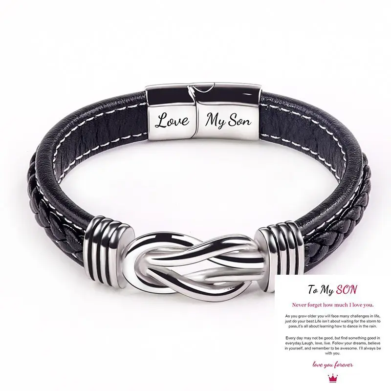 Sicbumi To My Son Infinity Knot Bracelet, Leather Bracelet for Men Multi-Layer Braided PU Leather Bracelet with Clasp, To My Husband Love You Forever Linked Together  & Stainless Steel Engraved Jewelry from Mom for Birthday Jewelry Gift
