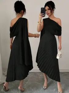 Women's Elegant Chiffon Draped One Shoulder Pleated Long Dress, Shiny, Spring/Summer