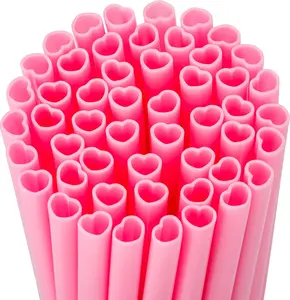 50 count Pink Heart Shaped Disposable Straws- Plastic Drinking Cute Straw for Valentines Day  Birthday Party Bridal Shower Wedding Supplies, Individually Wrapped, Pink
