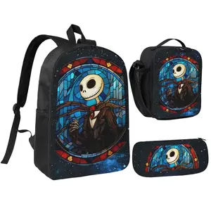 Three Piece Set The Nightmare Before12 Christmas Printed Backpack Waterproof Curved Adjustable Shoulder Strap High Capacity Mesh Messenger Bag