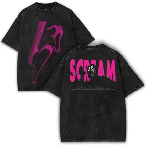 Scream Oversized Vintage Washed Tee – Pink Neon Horror Graphic Ghostface Double Printed Shirt |   Retro Slasher Streetwear Collector