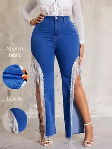 Women's Fringe Trim Denim Jeans, Casual Comfy Jeans for Daily Wear, Ladies Pants Bottoms for Summer, Cowboy Cut Jean