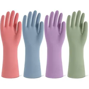 Cleaning Gloves for Dishwashing, 4 Pairs Reusable Kitchen Gloves for Washing Dishes and Household Cleaning, Colorful Dish Gloves with Flocked Lining and Non-Slip Grip, Pefect for Woman Men - M