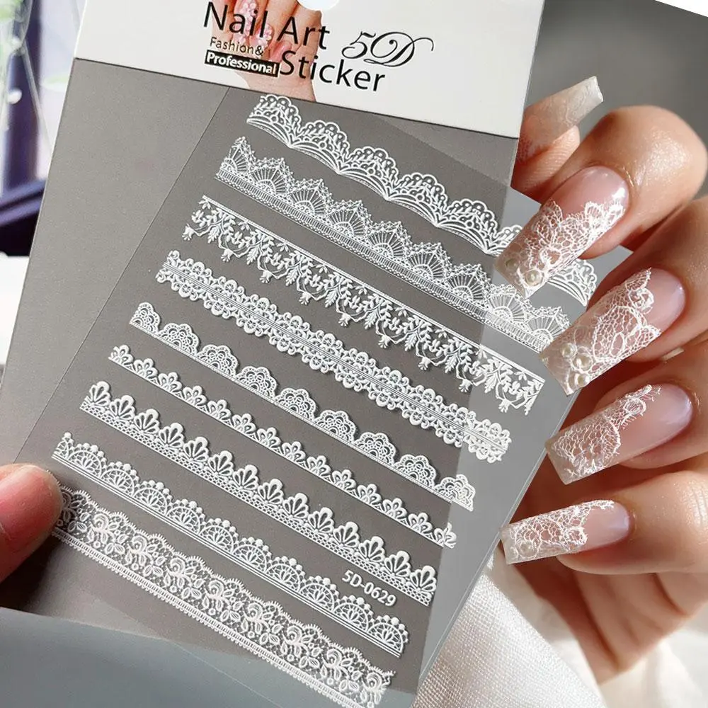 5D Relief White Lace Nail Stickers Elegent Hollow Lace French Nail Decals Self-Adhesive Wedding Lace DIY Manicure Supplies $#TY3
