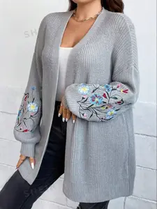 Plus Size Floral Embroidery Drop Shoulder Long Sleeve Vneck Cardigan, Casual Open Front Cardigan Tops for Fall & Winter, Women's Knitwear for Daily Wear, Longsleeves Womenswear  Sweater, Lightweight Knit Sweater