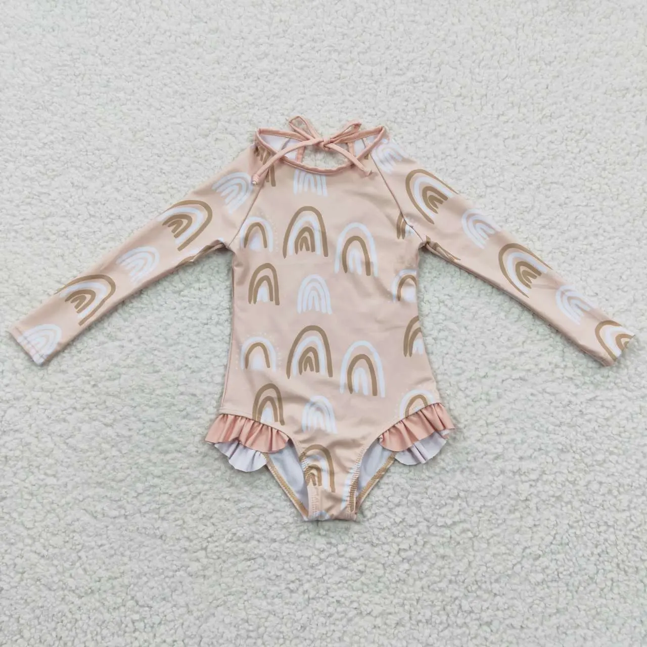 S0086-Dive into Cuteness with this RAINBOW Long-Sleeve One-Piece Swimsuit,  Perfect for Little Beach Babes, Rainbow Pattern