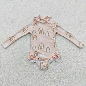 S0086-Dive into Cuteness with this RAINBOW Long-Sleeve One-Piece Swimsuit,  Perfect for Little Beach Babes
