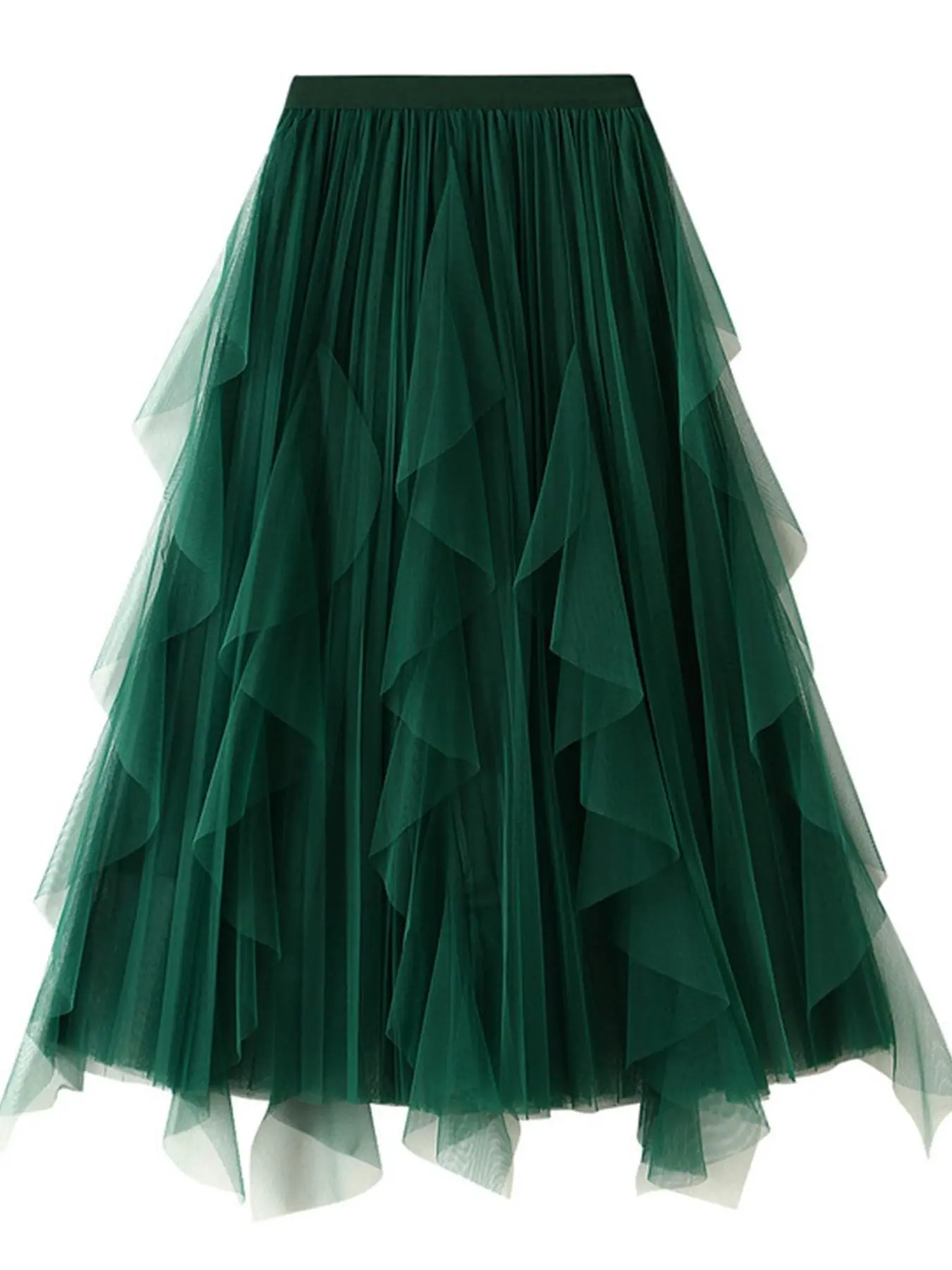 Women's Plain Draped Ruffle Pleated Woven Tulle Skirt, Elegant Fitted Midi A-line Skirt for Party Dating Wear, Ladies Spring & Fall Bottoms, Womenswear