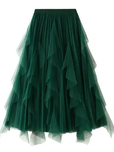 Women's Plain Draped Ruffle Pleated Tulle Skirt, Elegant Midi A-line Skirt for Party Dating Wear, Ladies Spring & Fall Bottoms