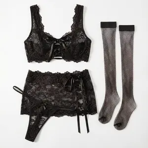 Women's Sexy Lingerie Set 4 Piece Lace Bralette Mini Skirt with G-String & Fishnet Stockings Sexy Lingerie Outfits Babydoll Bodysuits for Date Night Women's Wear